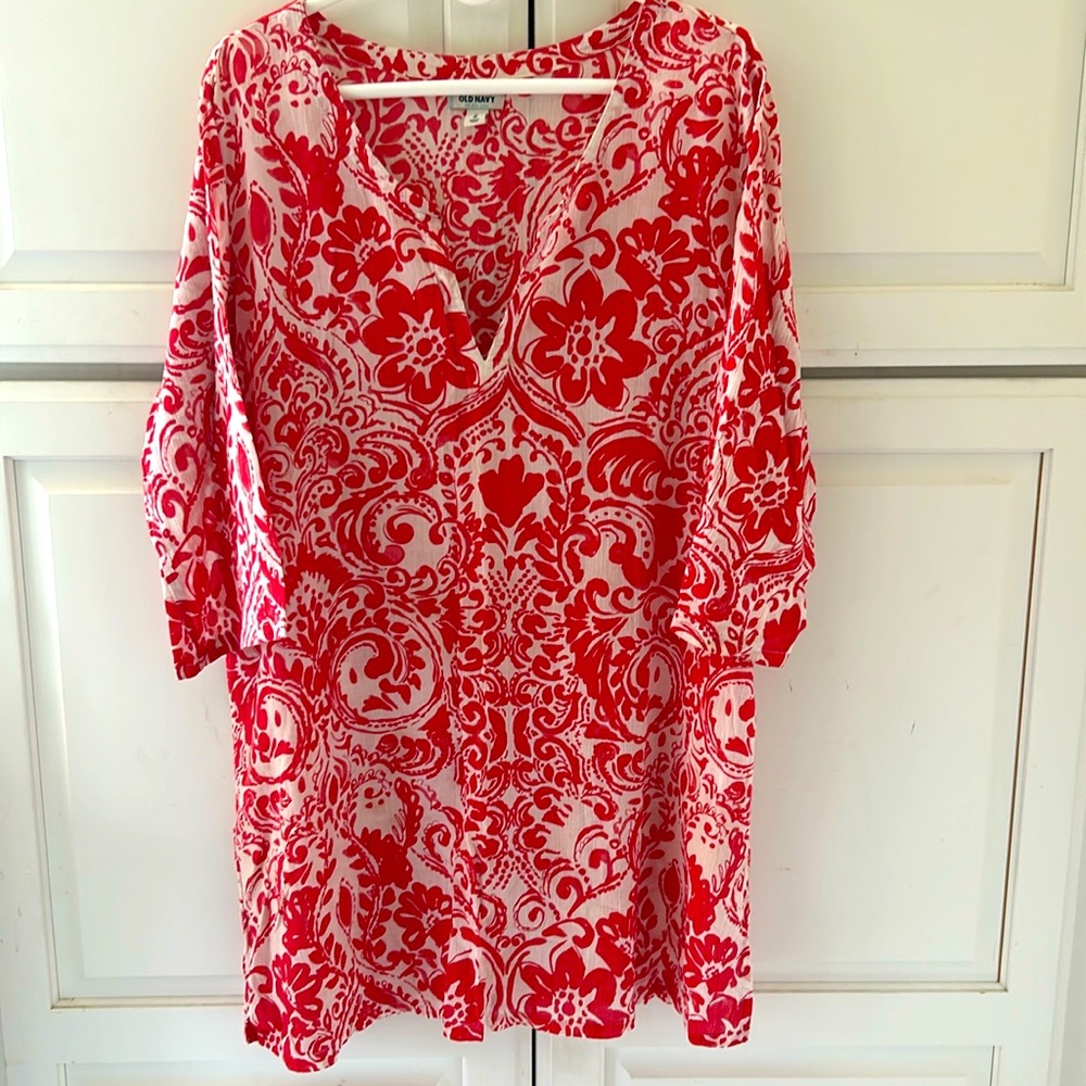 Old Navy Blouse Tunic Floral XL Red/White